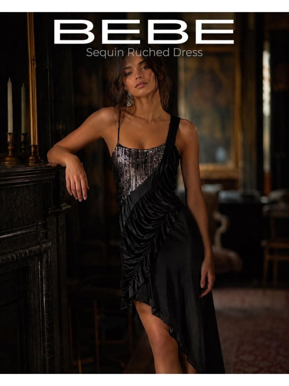 VTG Y2K Bebe Addiction Silver Sequin Ruched Asymmetrical Dress S